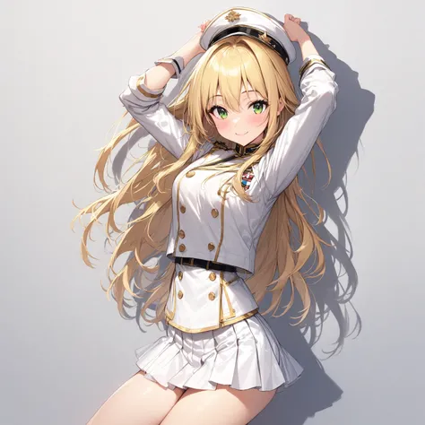 ( Masterpiece),( top quality),( super detailed),(Best Illustrated ),( best shadow),(  is ridiculous),( detailed biography),( very aesthetic ), Starry_miki,  1 girl, Alone,  long hair, blond hair, Green Eyes,white navy uniform ,white military cap, white ple...