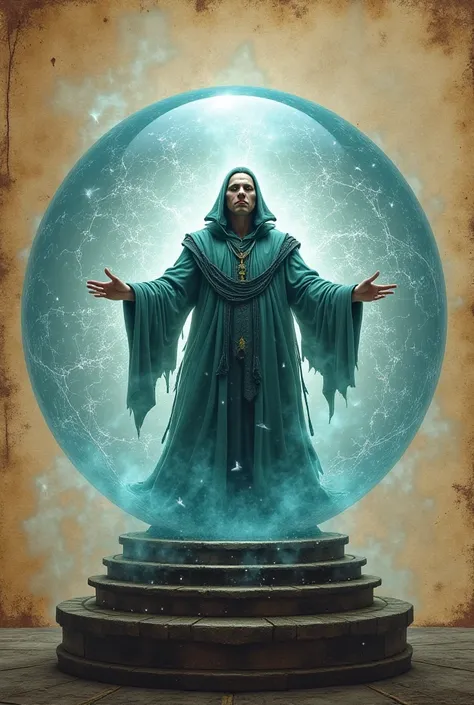 Fantasy sorcerer inside a crystal ball that is shattering on an ancient paper background