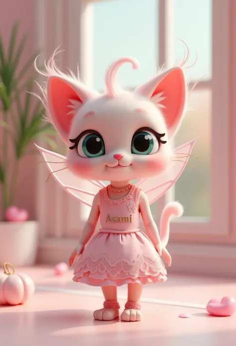  in the style of a 3D animation of 、Please draw a beautiful yet cute cat 。 Pixie wearing a pink feminine 。For clothes、It says ASAMI。 modern black dress