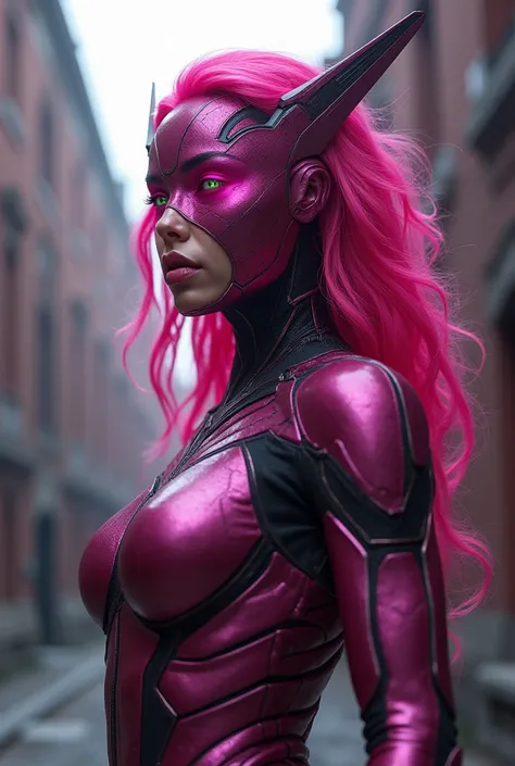 Hyper realistic 16k resolution real engine portrait image of mythical pink and metallic transformer in abandoned city Here’s a concept for Scarlet Witch (Wanda Maximoff) as a supervillain, where her pink eyes represent the full unleashing of her chaotic an...