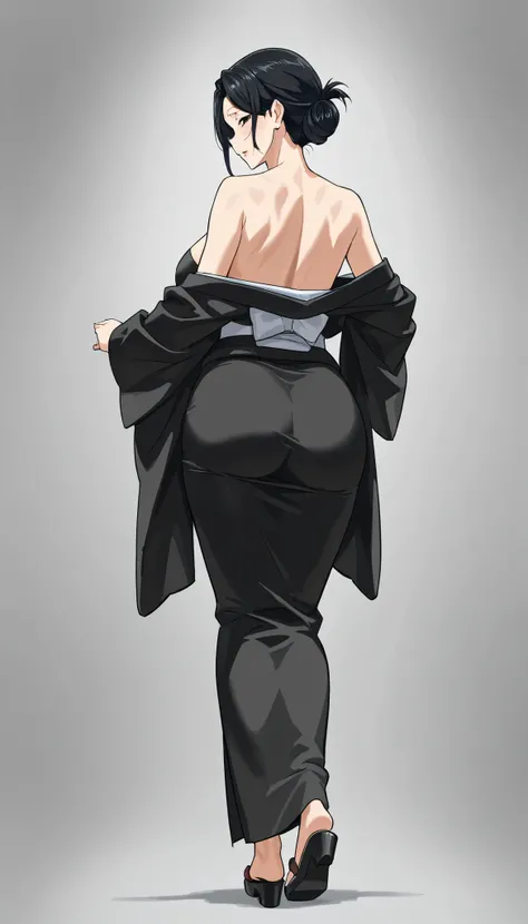 a mature woman , undressing her ((( black kimono)) ,((folded hair bun)) in black color, standing straight (( wide ass)), (( third person front view)) ((full body view)) ,((guilty sad expression)) ,