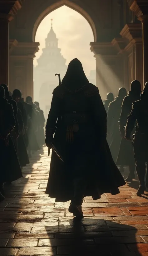 A tense scene of a Hashashin assassin infiltrating a medieval palace, sneaking past guards, with a target visible in the distance, the scene filled with suspense and historical detail.hyperrealistic,cinematic,4k