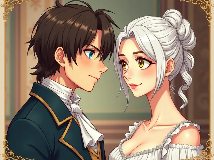 18th-century retro romantic love anime poster. Hero named Chris Farason, dark brown hair, blue eyes, friendly look. 
The heroine has white hair, yellow eyes, she is aristocratic, she does the hairstyle