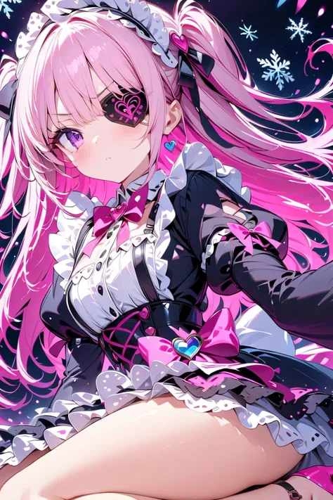 masterpiece,amazing quality,best quality,ultra-detailed,8k,illustration,CG,　 1girl ,  Tell me about 1 beautiful girl、 lolita style , maid clothes、   light pink and hair color , long hair,  Pink and black dress  ,  purple eyes、 pattern  , Serious face with ...