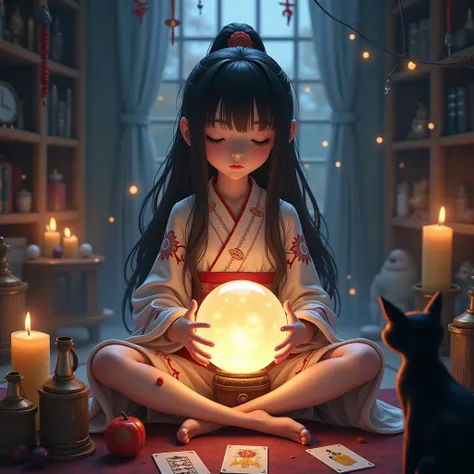 Fortune telling　 spiritual　A cute girl with a crystal　Mysterious　Kuroneko