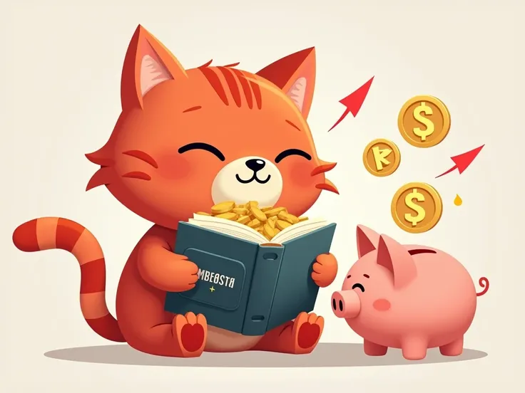 A cute red cat with red fur and closed eyes, who holds a book with the inscription "Cashback" in his paws. Gold ruble coins are falling out of the book, which smoothly fall into the piggy bank next to the cat, as well as a continuous red arrow from the boo...