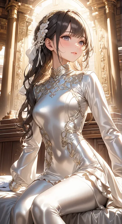  full body photo、 portrait 、god々Shining light、( masterpiece, top quality,  ultra high resolution ),Extremely detailed CG, Japanese Women,(( beautiful face)),(( long sleeve long sleeve dress made of shiny white silk satin in a luxurious temple))、((The dress...