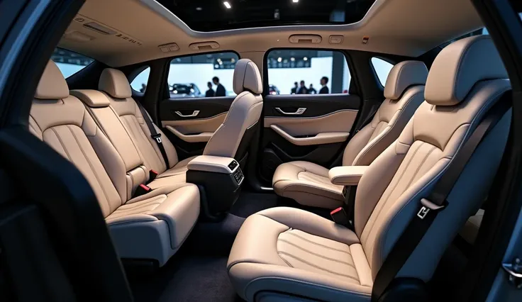 "Highly detailed and realistic interior of 2025 Cadillac xt6a modern car, showcasing a luxurious full seats view , m. The environment is well-lit, with the background showing an auto showroom or event with blurred people and cars visible."