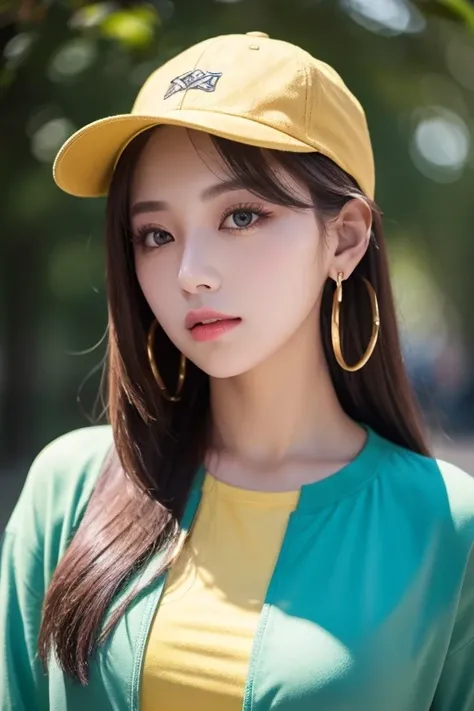  ski style, Masterpiece,  best quality ,  1 girl, ,   aqua eyes,  cap,  Closed Her Mouth ,  earrings,  has , hoop  earrings,   jewelry,  Look at the Viewer ,  shirt,   simple background, Alone,  upper body, yellow  shirt