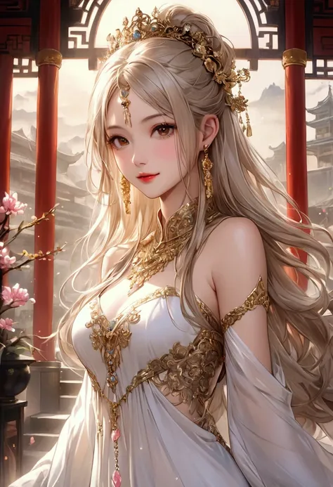 intense ink painting、 Fantasy Images from Chinese Period Movies、A princess from the Divine Realm 、white loose flowing long dress、 Standing Like a Goddess 、Clear brown eyes 、 pink lips、 Perfect Face 、 petite and perfect style 、 jewelry、 Long Silver Blonde H...