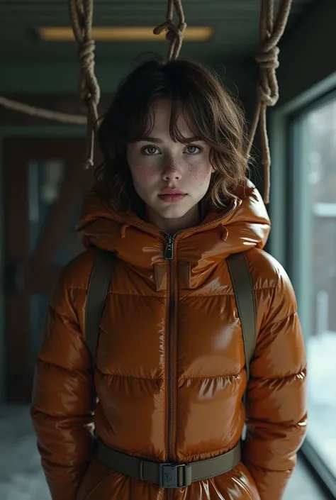  suspended short hair brown eyes feckles white caucasian girl in a glossy brown down ski suit zip-front full-body heavy boots  gagged suspended hands tied behind