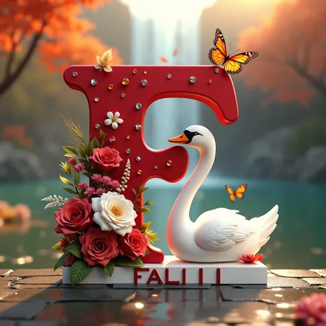 A 3D render by BeUnique777 of a bold, red-textured letter "F" with a mesmerizing design. The letter is placed on a white plaque with the name "FALIH" in bold red font. There's a fluttering red, orange, and yellow butterfly at the peak of the letter. The le...