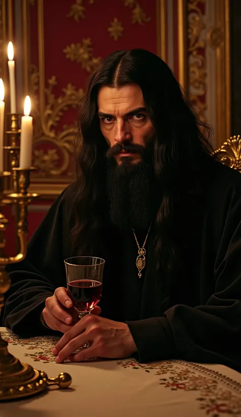 An image of Rasputin sitting at the table in an elegant Russian palace, holding a glass of poisoned wine with a slight smirk, unphased, his piercing eyes glowing under the dim candlelight, INSANELY DETAILED - EXTREMELY DETAILED, TEXTURE, BEAUTY, dark Russi...