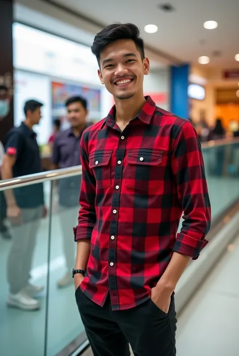 Handsome guy age 27 years old native indonesian short dark hair in clean shaven model now smiling sweetly pake flannel bright red color there is his complexion and put on tight black pants and pake sneakers blue and brown cool color standing is on the 2nd ...