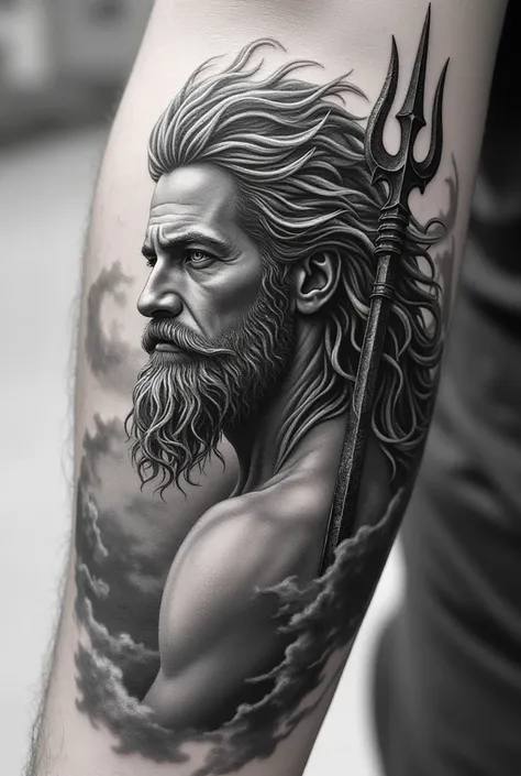  Realistic black and white tattoo design of a Greek mythological god, Poseidon,  in profile,  with beard and wavy hair ,  holding an ornate trident , on the forearm ,  with details of shadows and textures , tattoo style realism ,  with subtle, ethereal bac...