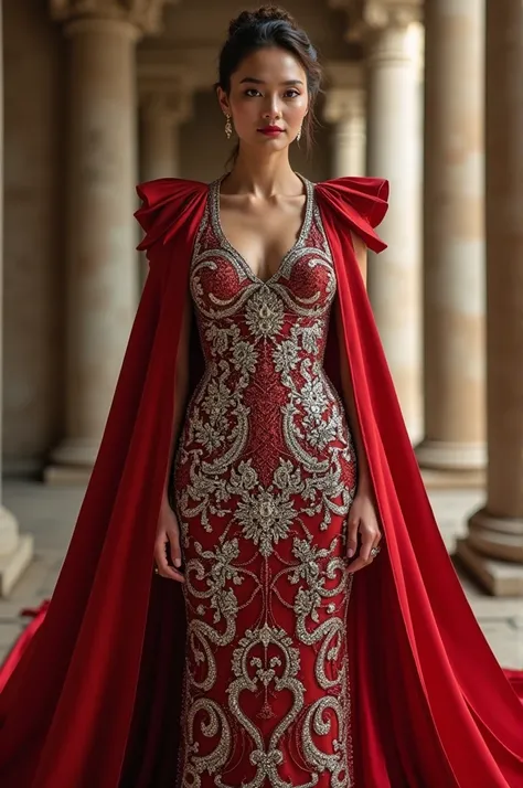 Roman dress with too many rhinestones in silver and red with red cape 