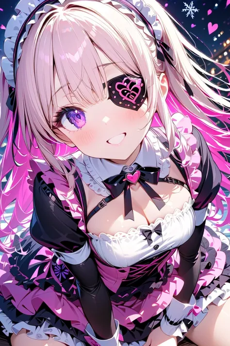 masterpiece,amazing quality,best quality,ultra-detailed,8k,illustration,CG,　 1girl ,  Tell me about 1 beautiful girl、 lolita style , maid clothes、   light pink and hair color , long hair,  Pink and black dress  ,  purple eyes、 pattern  ,  snowflakes fall, ...