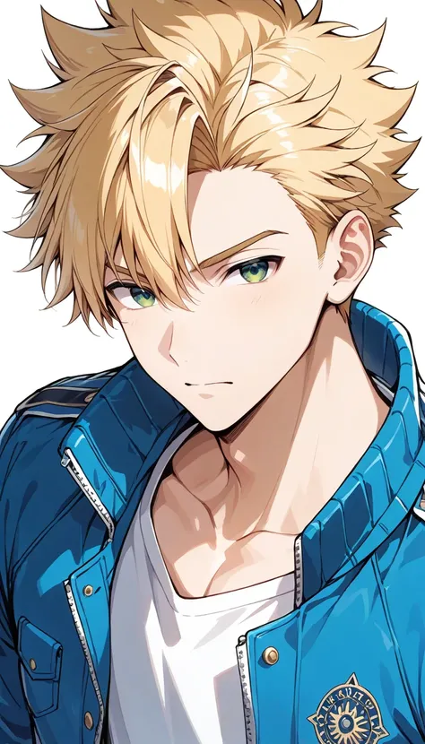 1boy, male focus, masculine ,Blonde Hair, spiky hair green eyes , Blue jacket , white shirt