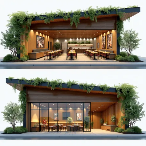 "Design a modern, casual, and inviting restaurant concept featuring two branches: (1) a standard dining area with cozy seating arrangements, natural wood textures, greenery accents, and vibrant but calming colors, and (2) a drive-thru branch with a sleek, ...