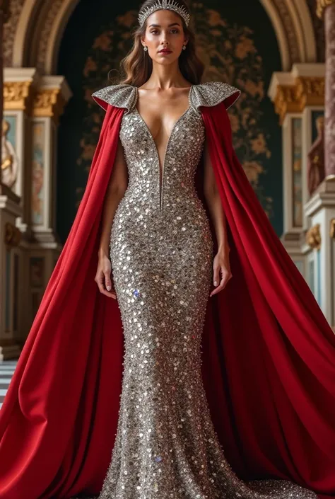 Roman dress with too many rhinestones in silver and red with a red cape without shoulder straps 