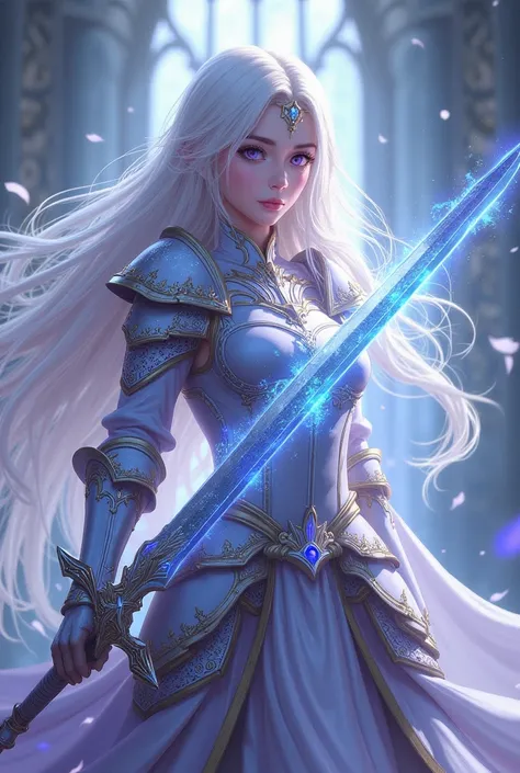 Young woman, solo, long white hair, lavender eyes, holy knight, armor, swings a sword, magical effects, anime style, 8k, high resolution, perfect image