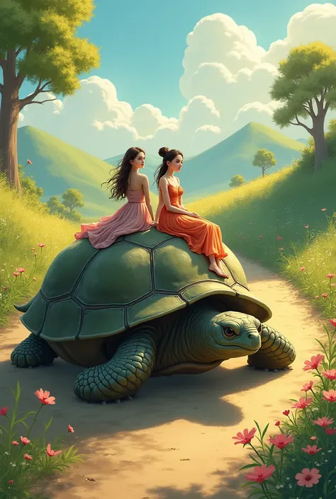 Beautiful girls upon a big turtle on road 
