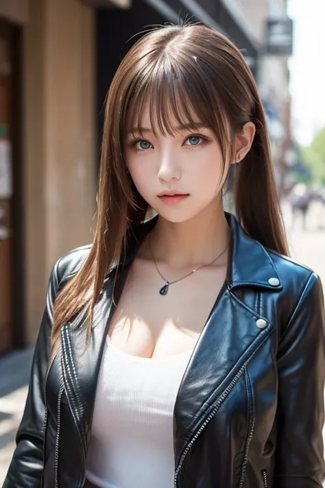  One girl , Alone, face,  portrait,  long hair,  ponytail, Blonde,  green eyes,  Big Breasts , (black leather jacket:1.2) ,  clevis on a stone,  School,  blanking in the heart of the city,  stares at viewers, 