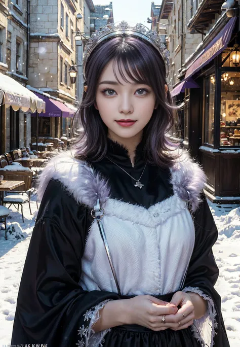  researcher girl,(purple color Bob hair),(purple eyes),(medieval fantasy ),(wearing black gorgeous winter  dress and silver and fur accessories on her head 1.5),(decorated  tin cane in her head1.2), (smile 1.2),((Teatime in the snowy fantasy town Cafe back...