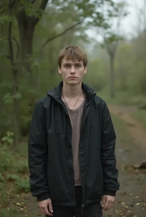 ((amateur photo)) skinny unattractive guy standing in nature at full height ,  Brown hair,  clean-shaven  ,  Looking at the camera , He is wearing a black jacket 