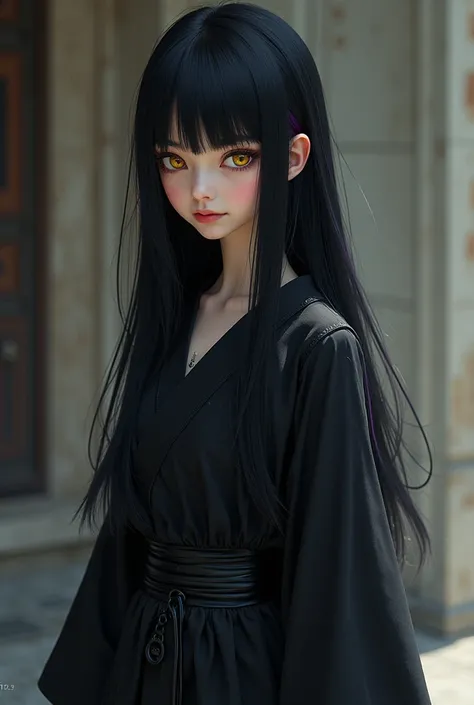 A young age girl, with a slim figure and a relaxed yet calculating posture, as if analyzing every detail around her. Her jet-black hair falls straight to her shoulders, with subtle purple highlights that intensify under the light. Her eyes are a sharp gold...