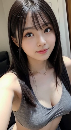 A tall 30-year-old Japanese woman with silky straight black hair that falls evenly to her bust. Her hair has a healthy shine and a natural style with bangs that cover her forehead. She has a healthy, voluptuous figure with moderate curves, natural small D ...