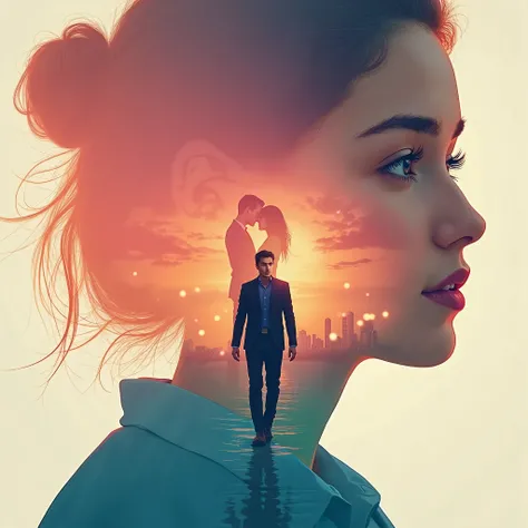 A visually captivating and emotionally rich movie poster with fresh, vibrant colors. The main element is a young woman with soft, expressive eyes, her face blending into a dreamy sunset sky. Inside her silhouette, a couple embraces warmly, glowing in hues ...