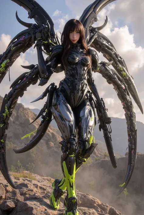 (subject 1: A scifi soldier, black and gray combat suit with coral like strength enhancing exoskeleton, cute, big gun and knife, covered in splotches of green alien slimy gore, warm friendly smile)), she is standing triumphantly with a weapon raise, one fo...