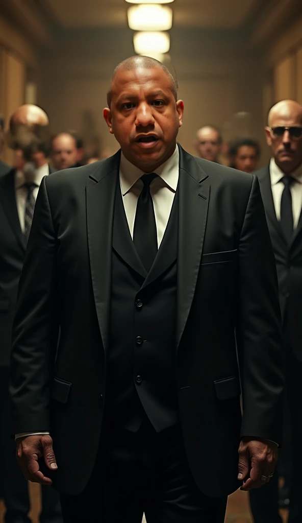 A powerful mafia boss walking with his gang . He wears a sharp, tailored black suit with a black tie, exuding confidence and authority. His piercing gaze and scarred face tell a story of battles won, stacks of cash, and bodyguards in the background, creati...