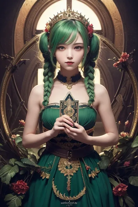 (Masterpiece,  top quality,  best quality ,  Official Art,  beautiful and aesthetic:1.2), ( 1 girl:1.3), ( Fractal Art :1.3), card, Tarot,  green hair,  twin tails,  hair flower, ( good lighting :1.1), (( high resolution)), Tarot card style