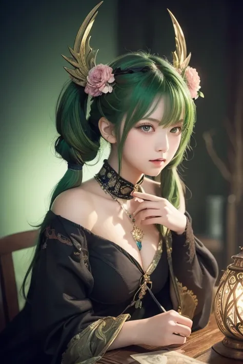 (Masterpiece,  top quality,  best quality ,  Official Art,  beautiful and aesthetic:1.2), ( 1 girl:1.3), ( Fractal Art :1.3), card, Tarot,  green hair,  twin tails,  hair flower, ( good lighting :1.1), (( high resolution)), Tarot card style