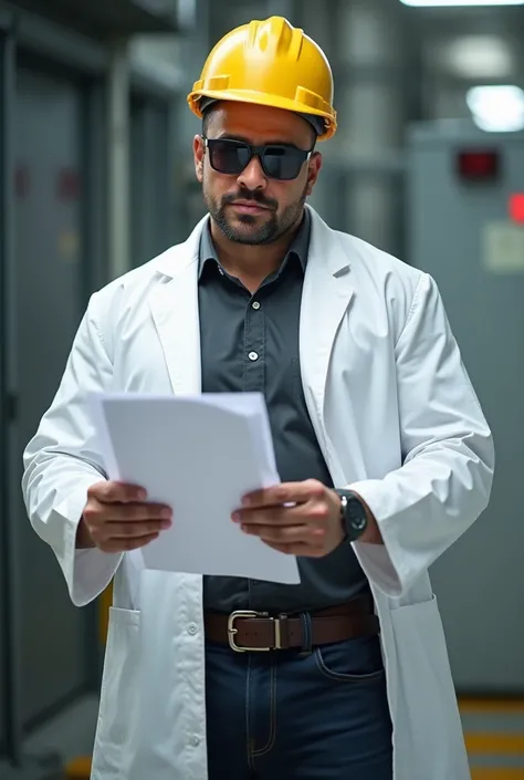 Safety engineer having good physic wearing lab coat and very safety helmet  and have lab report in his hand and have casual dressing dark white shirt and sunglasses 