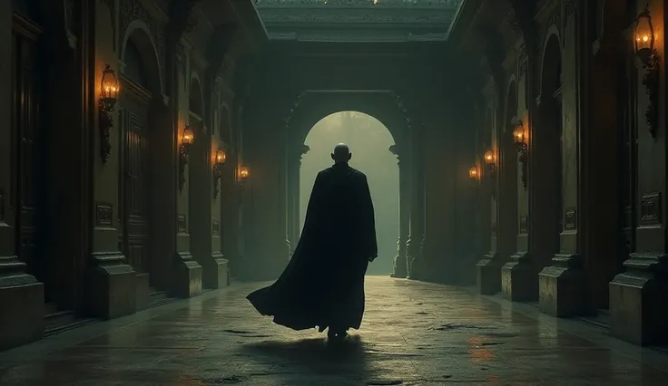 The sage slowly walks away, his silhouette fading into the night as he leaves for his secluded monastery. The palace corridor behind him looks dark and mysterious.)