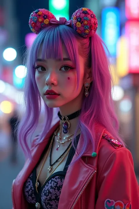  This is a Harajuku street style masterpiece with extreme detail.  Generate a trendy  ((Decor)) cyberpunk woman (stAnding) in the colorful And chaotic streets of Akihabara, Tokyo in the style of Decor street style. The woman's Decor And Harajuku street clo...