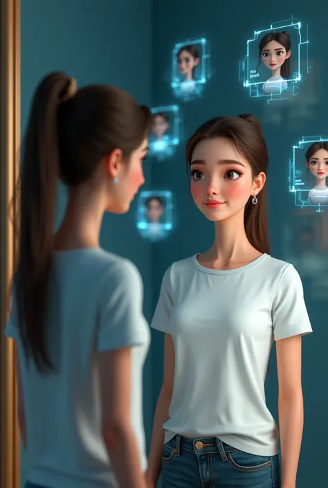 An ordinary woman wears a tshirt in front of a mirror, where her reflection shows a completely different dress, makeup, and perfect version of herself. the mirror surrounded by floating digital avatars with graphs, data points, and flowing lines, contrasti...