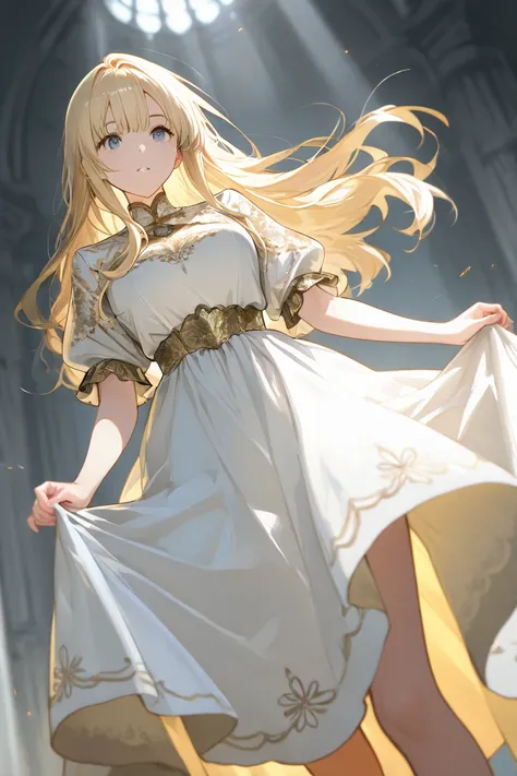 long blonde hair, white dress,gold embroidery, 1girl, shout, she is flying in the battlefield of a gray sky, This illustration of dynamic angle, This illustration features breathtaking composition and beautiful lighting. Depth of field, flashes of light fl...