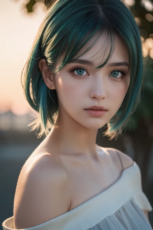  best quality , Masterpiece,  super high resolution, ( realism: 1.4),   Original Pictures ,  1 girl,  green eyes,  off shoulder,  Cinematic Lighting,   blue hair , At sunset