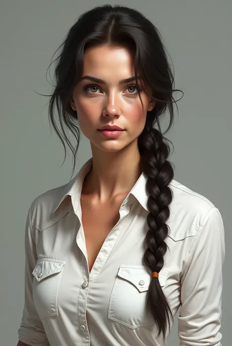 Adult european cowgirl, one braid, black Hair, light eyes, white shirt, light skin, digital art, realism, painting art