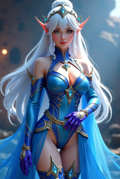 (Qingxu_ Asian beauty portrait realistic photography_V11), (Qingxu_ Asian beauty portrait realistic photography_F.11), Hermosa mujer japonesa cosplay Zenith Vexana MOBILE Legends  in a blue dress holding ,(Tight lead lycra leggings) ,purple gloves, the bri...