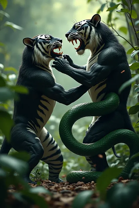 A black tiger fighting a green snake 