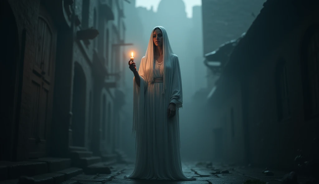 Highly detailed, high quality, 4K resolution, a white woman ghost in the middle of the darkness, an ancient spirit haunting the barren courtyard. She stands in the misty darkness waiting for her prey. Highly detailed body, high-detailed texture. She holds ...