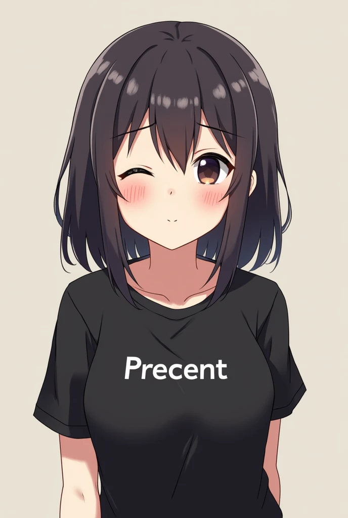 a anime girl wearing black t-shirt that says PreCent she is blushing and has medium size boobs