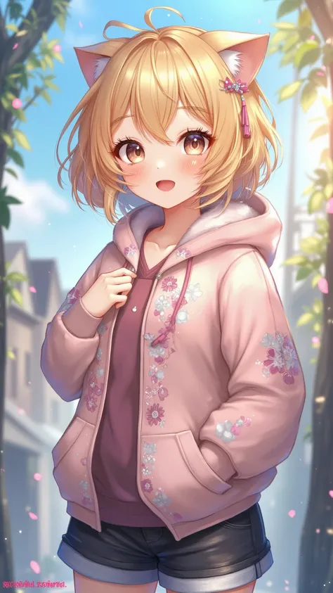 ( Masterpiece), ( top quality), ( illustration ), ( very detailed), ( high resolution),  one girl, ( vocaloid), smile,  short hair,  (  Hoodie with Cat Ears), Wear a hoodie ,  Moe sleeve , ,  black shorts, ( blond), (  light blue jeans ),  very cute girl ,...