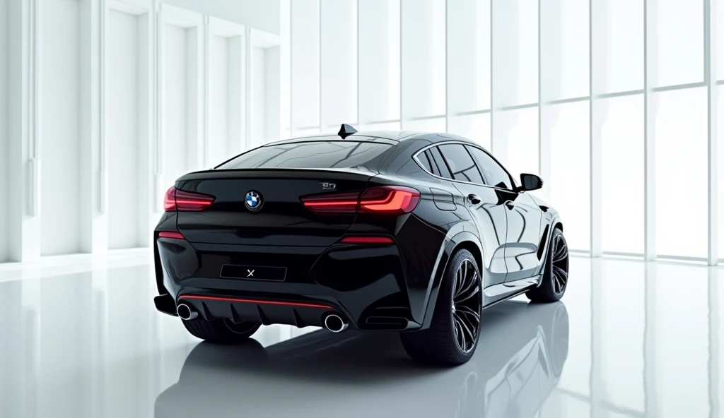 A captivating image of a (  2025 Bmw x6) taking center stage in a luxurious white showroom. The futuristic, vibrant (black)exterior gleams, showcasing its sleek, aerodynamic design and bold accents. The  back bumper view highlights the cutting-edge innovat...