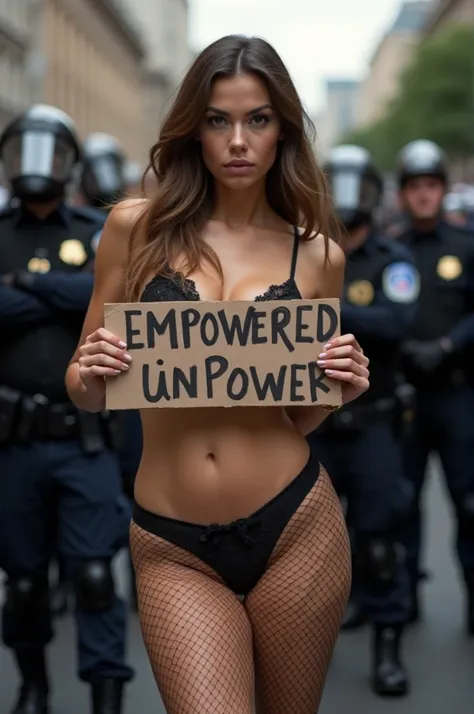 A beautiful woman ,   perfect body, con tanga e bra e  con fishnet stockings and short skirt con un cartello con la scritta "AI WOMEN DO IT BETTER" . The background is a demonstration with police 